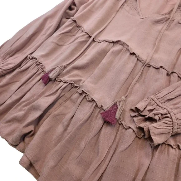 Cato Boho Peasant Top L Pink Tiered Tassel Ruffle Sleeve Cottagecore Festival - Picture 3 of 10